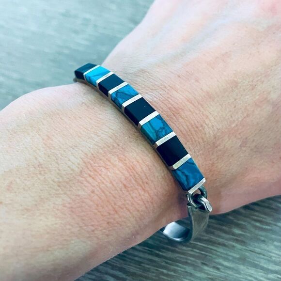 Sterling Silver Turquoise Onyx Mexico Bracelet - Picture 1 of 4